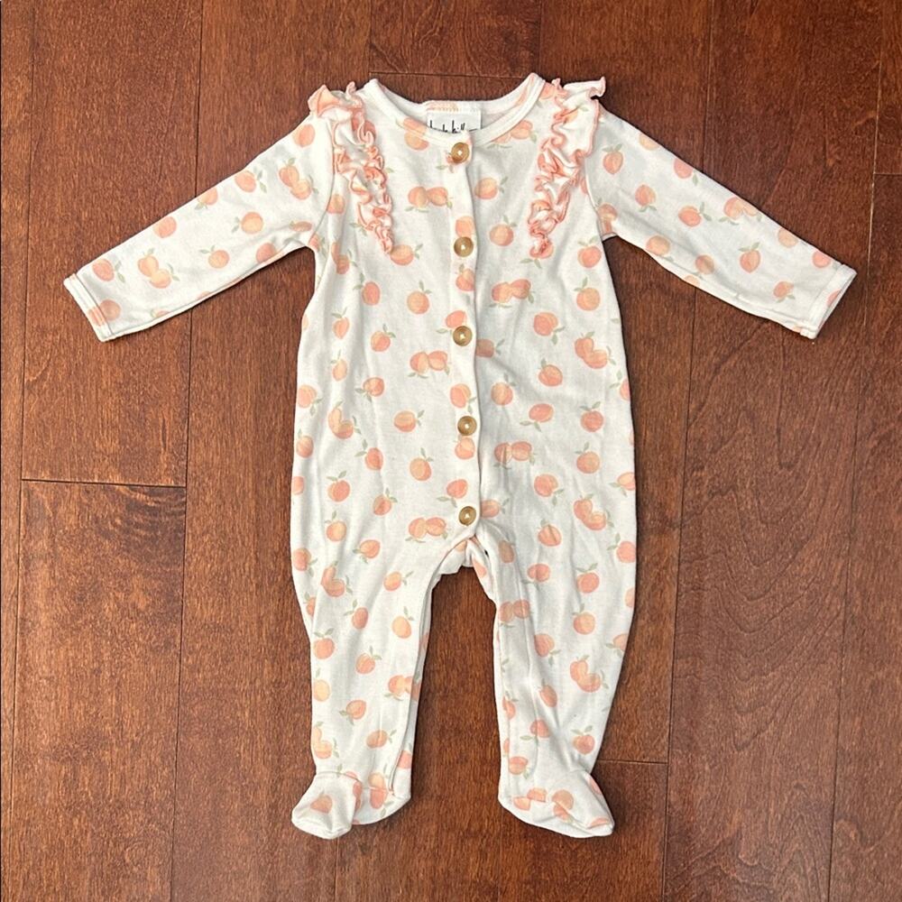 Nicole Miller Peach Print Kids Footie with Buttons and Ruffles, Size 3-6 Months